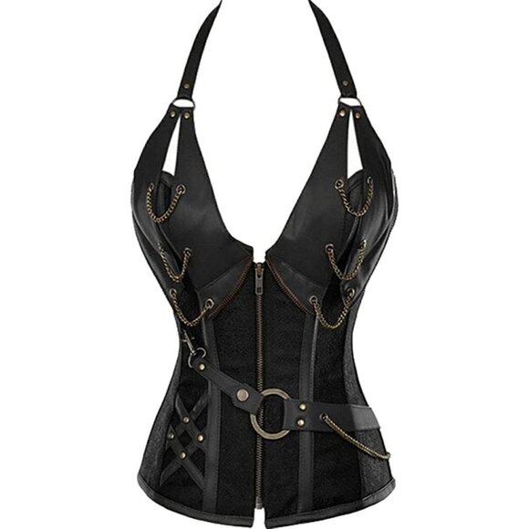 STEAMPUNK Corset Top Steel Boned Underbust Renaissance Black Leather Cosplay NWT - Picture 4 of 12